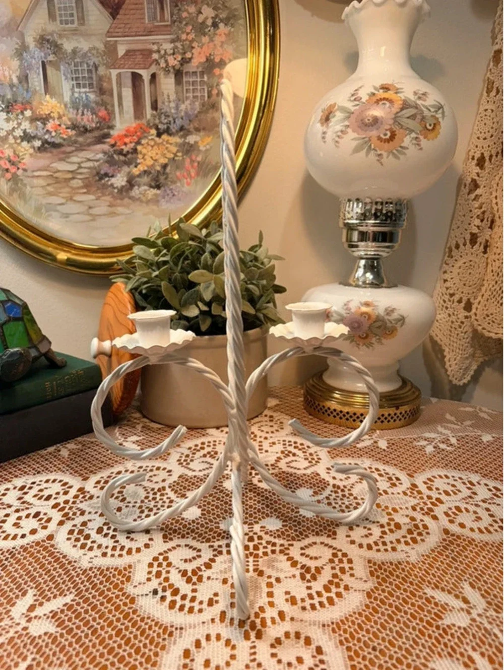 Vintage Homco White Metal Double Taper Candle Holder Candelabra
